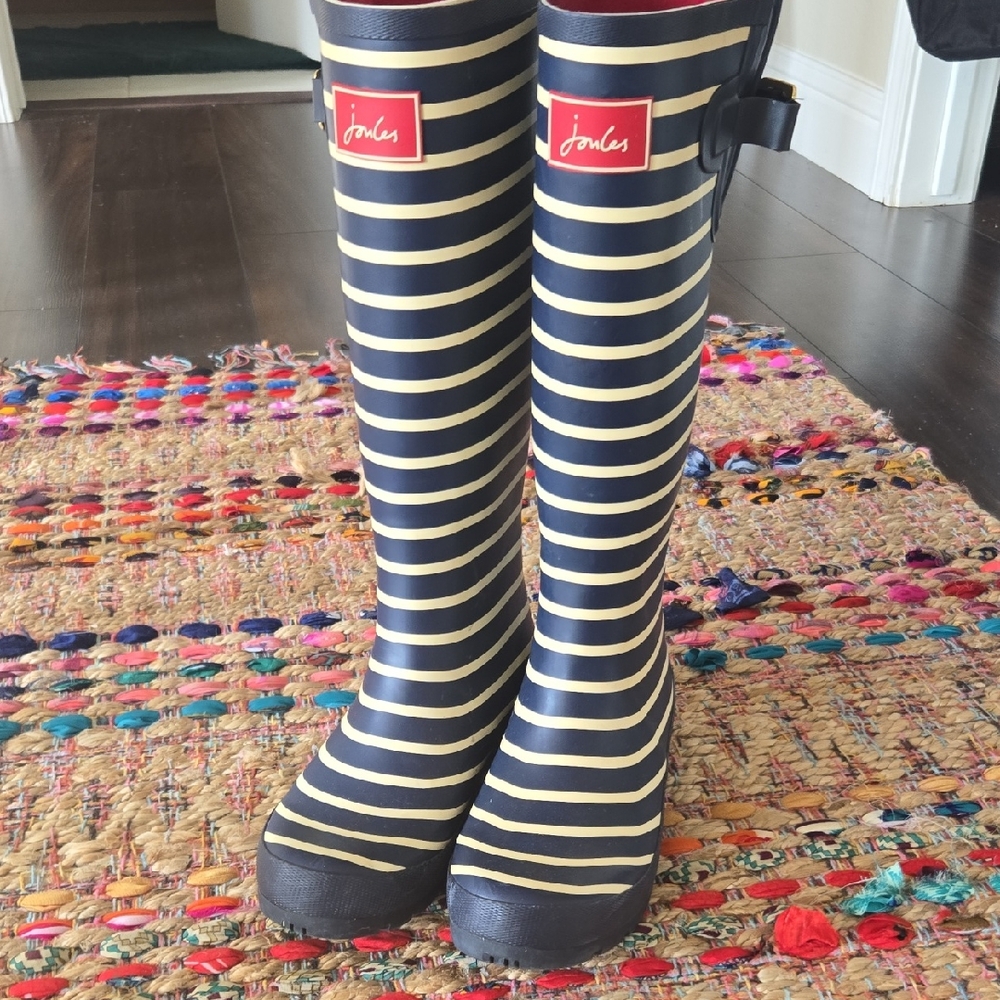Joules Navy and White Striped Boots